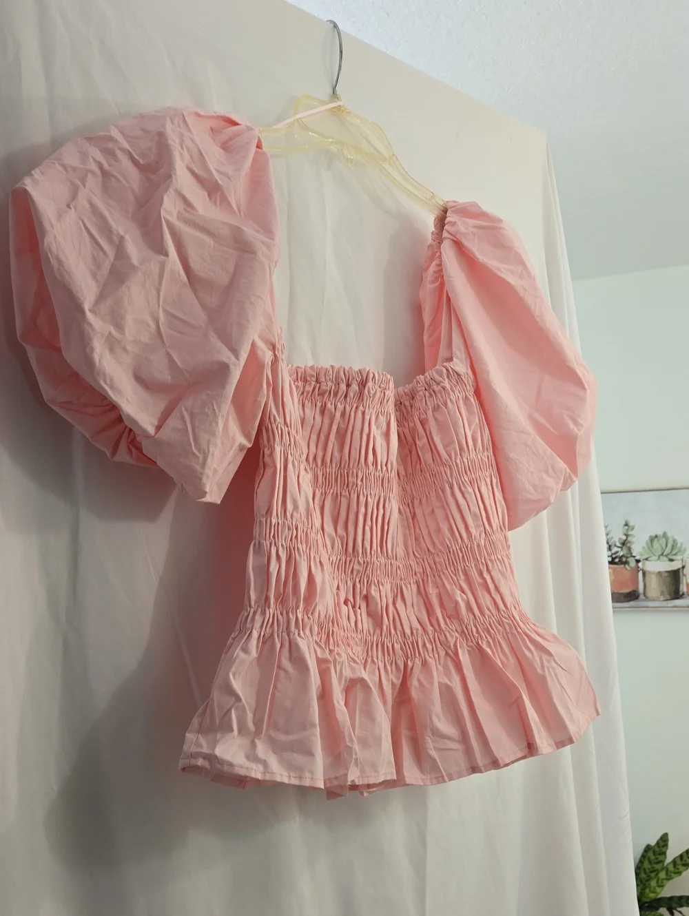 Astr Pink Smocked Peplum Puff-Sleeve Blouse